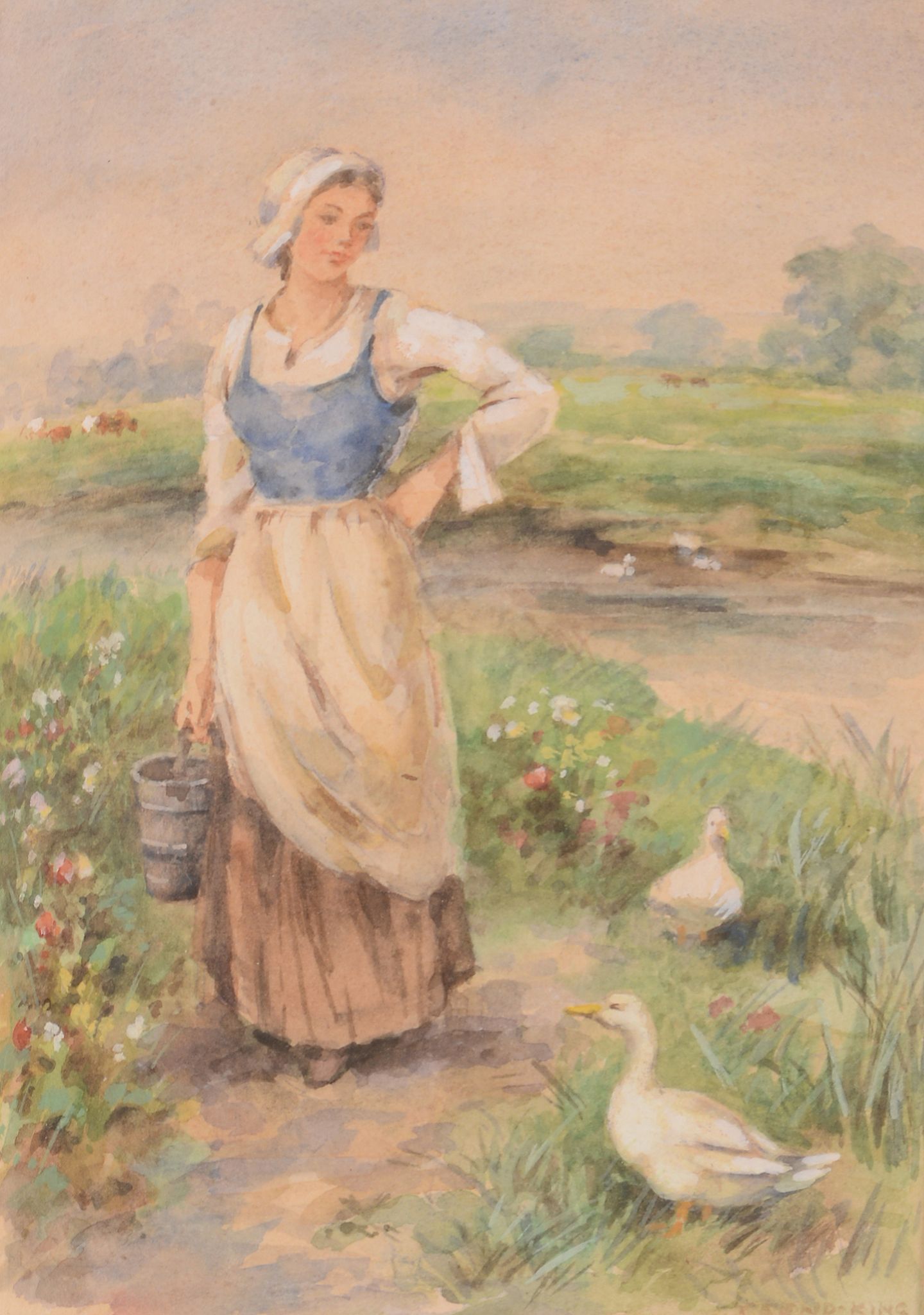 Henry John Yeend King (1855-1924) - Milkmaid on a riverside path Watercolour, hightened with white
