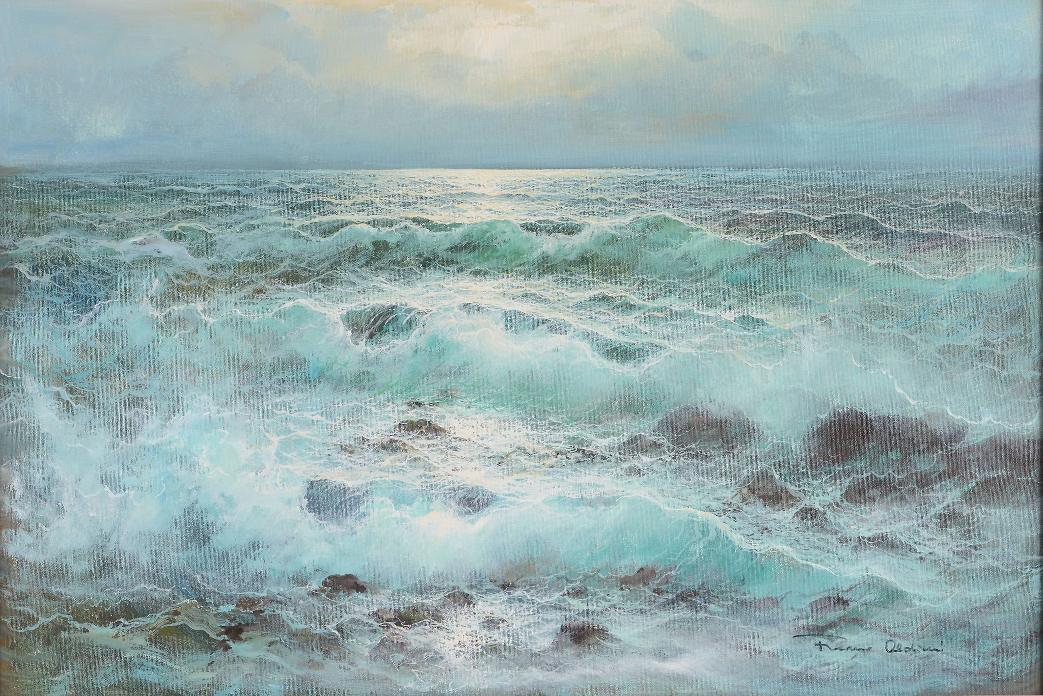 Remo Aldini (b.1943) - Waves Oil on canvas  Signed lower right 60.5 x 90 cm. (23 3/4 x 35 1/2 in)