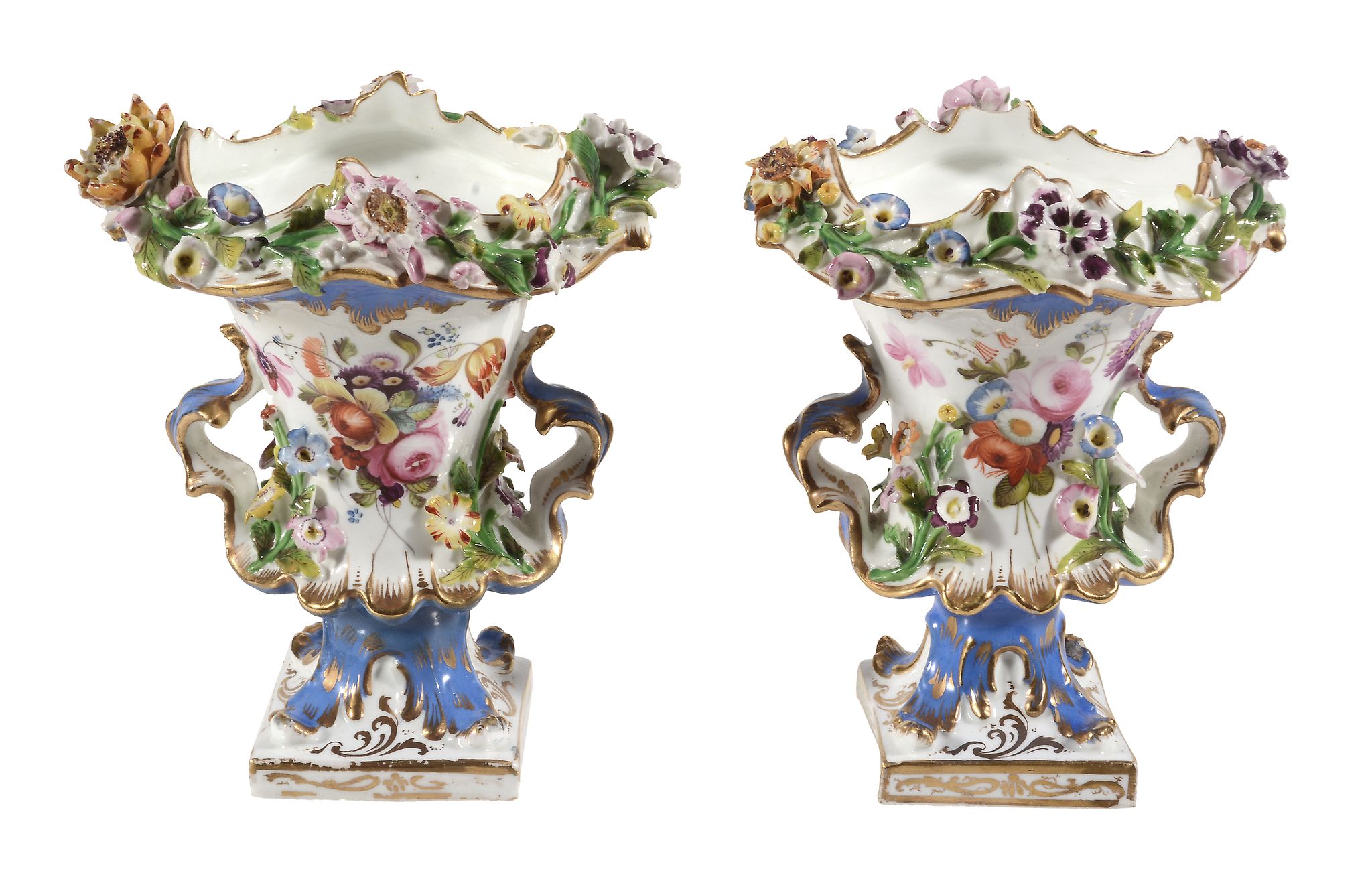 A pair of Staffordshire porcelain pale-blue ground flower-encrusted...  A pair of Staffordshire