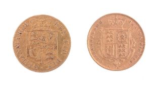 Victoria, half sovereign 1876,   and a George III half guinea 1818. (2)