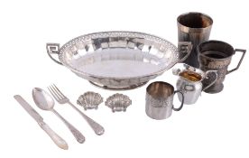 A collection of silver and silver mounted items,   to include: a silver oval pedestal twin handled
