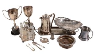 A collection of electro-plated items,   to include: an oval swing handled basket; a muffin warming