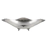 An Italian hammered silver coloured elongated quatrefoil bowl,   1944-68 .800 standard, with twin