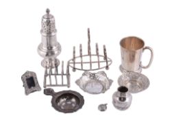 A collection of silver items,   to include: a silver baluster caster by J. B. Chatterley  &  Sons