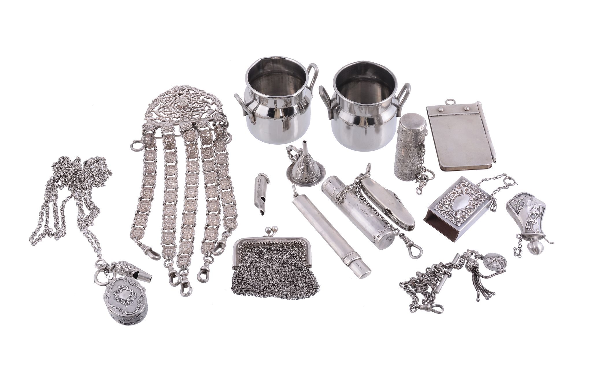 A collection of silver and silver coloured items,   to include: a silver pencil holder by Sampson