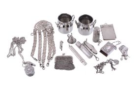 A collection of silver and silver coloured items,   to include: a silver pencil holder by Sampson