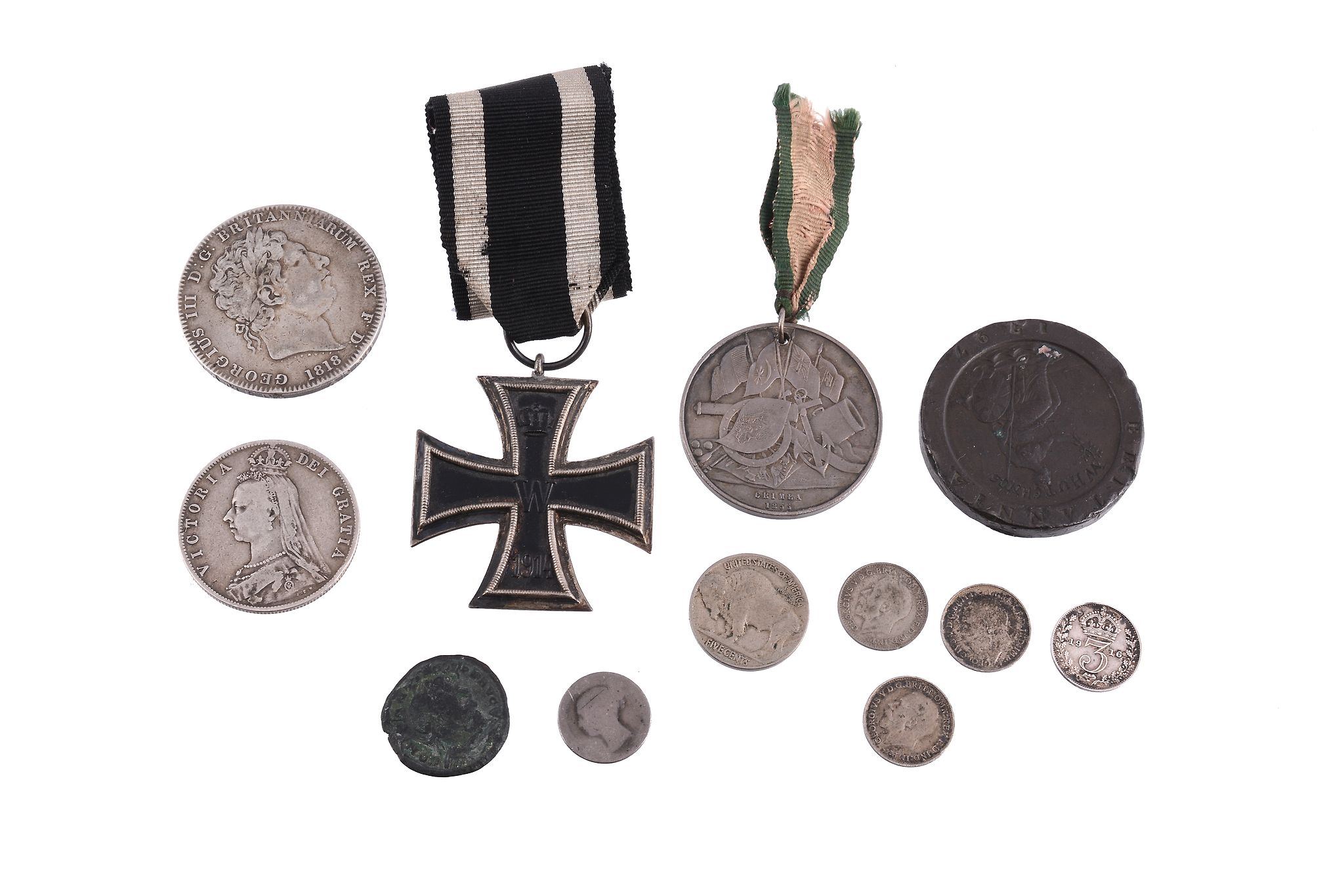Great War, Iron Cross 1914,   Crimean War, Turkish Crimea Medal 1855, sundry coins including Crown