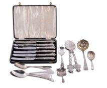 A collection of silver flatware,   to include: a George III Irish Hanoverian pattern sifting spoon,