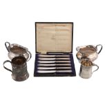 A small collection of silver,   to include: a small silver oblong baluster tea pot by Harrods Ltd.,