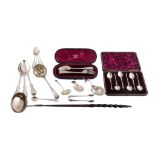 A collection of silver flatware,   to include: a meat skewer, maker's mark obscured London 1937,