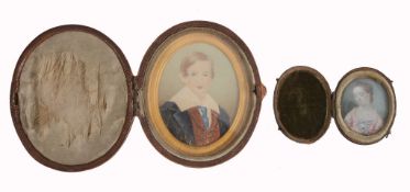 English School, mid 18th century  Portrait of a lady looking down  3.6cm x 3cm, oval In a shagreen