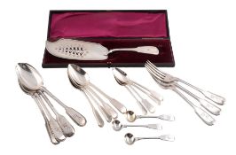 A collection of silver fiddle pattern flatware by different makers and dates,   to include: three