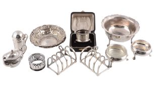 A collection of silver items,   to include: a matched pair of early George III cauldron salts,