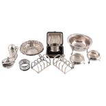 A collection of silver items,   to include: a matched pair of early George III cauldron salts,