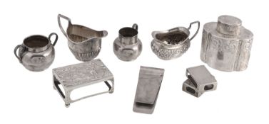 A collection of small silver,   including: a straight-sided quatrefoil tea caddy by Atkin Bros,