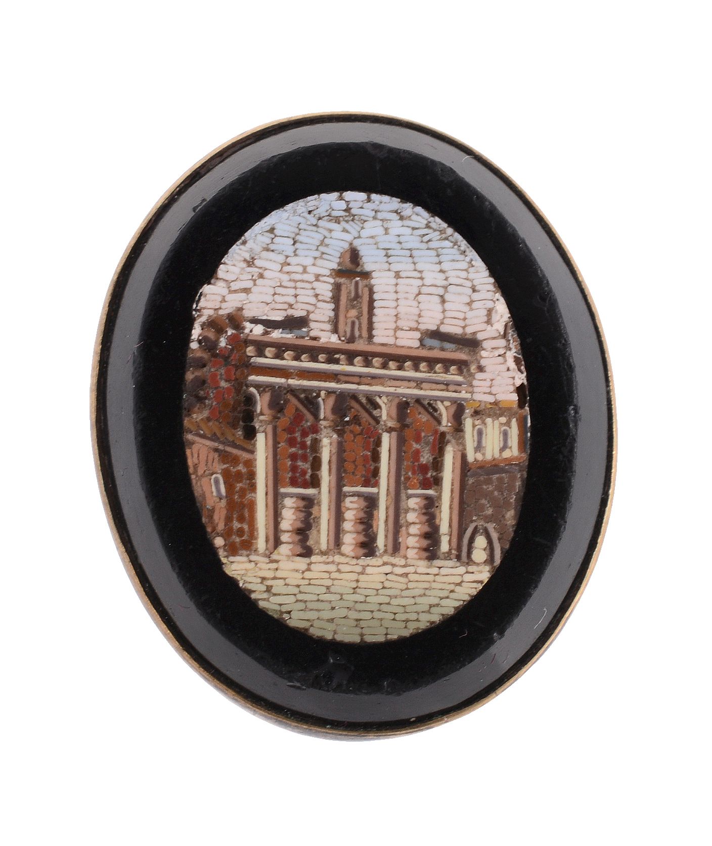 A micro mosaic brooch,   the oval panel with a micro mosaic of the Roman Forum on a black paste