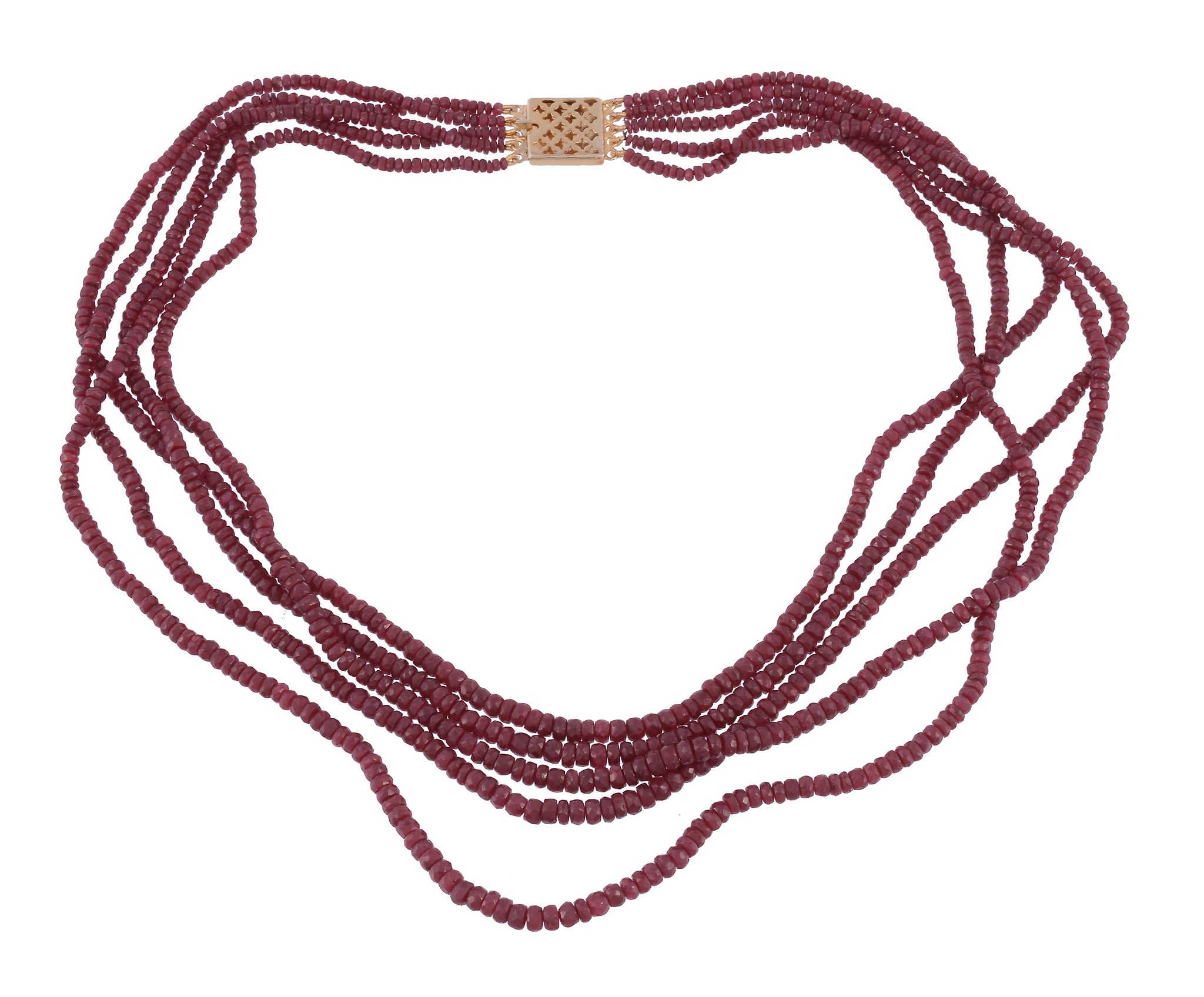 A facetted ruby bead necklace,   composed of five strands of facetted ruby beads, to a pierced box