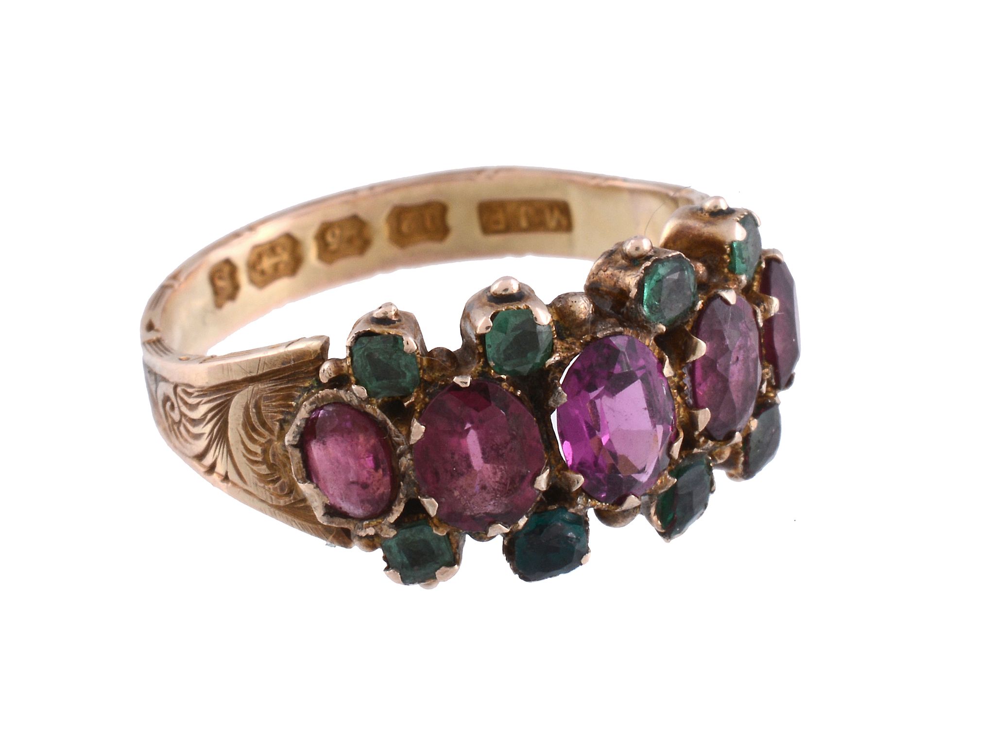A mid Victorian garnet and green doublet ring  , the five graduated oval cut garnets with