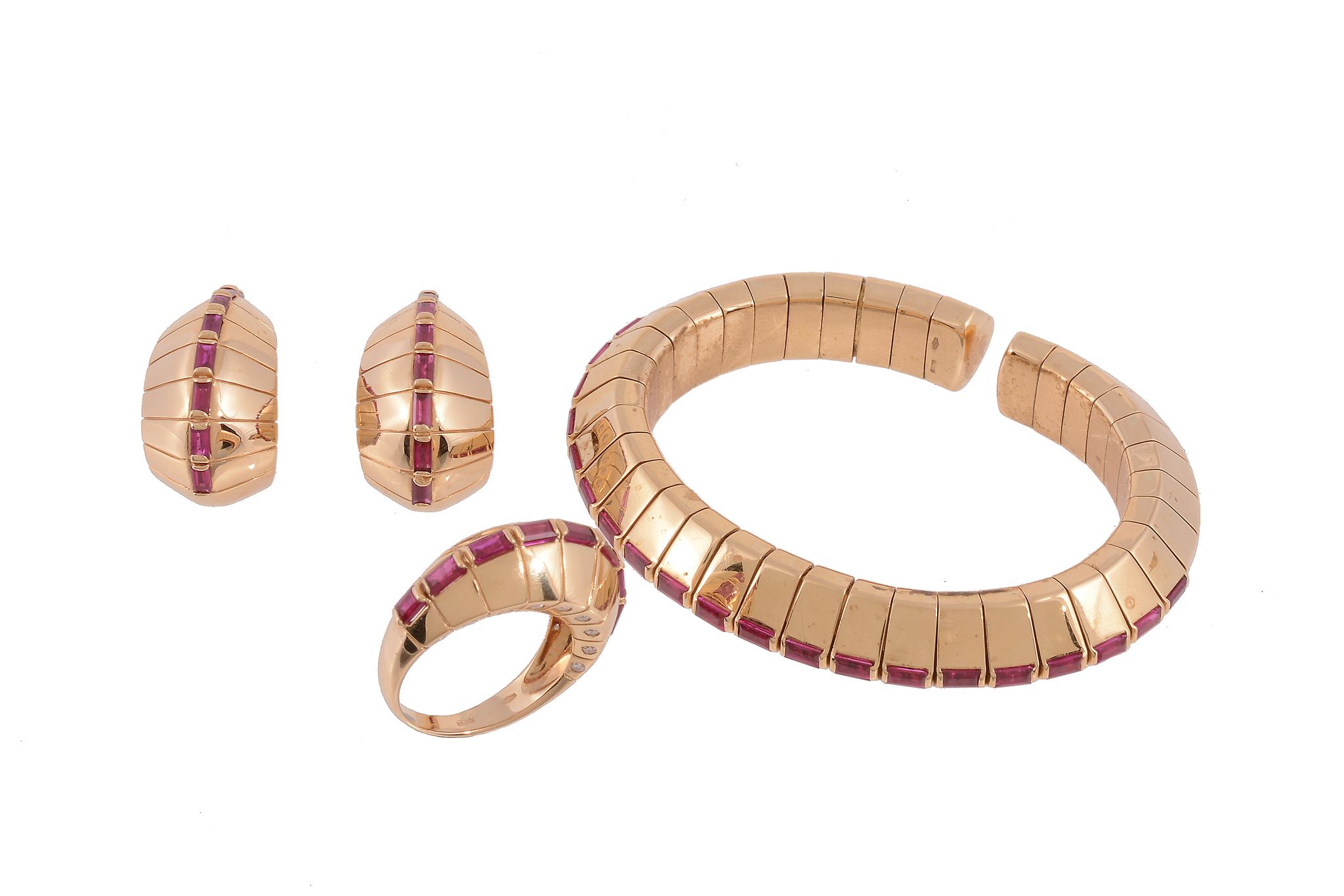 A suite of synthetic ruby and diamond jewellery,   comprising: a bangle, composed of polished - Image 2 of 2