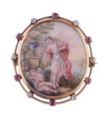 A 19th Century enamel, ruby and diamond brooch,   the oval enamel depicting a sleeping Cupid with