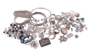 A collection of silver coloured jewellery,   to include: fifteen rings; thirteen bracelets;