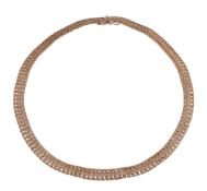 A gold coloured necklace,   composed of textured woven links, to a concealed box snap clasp,