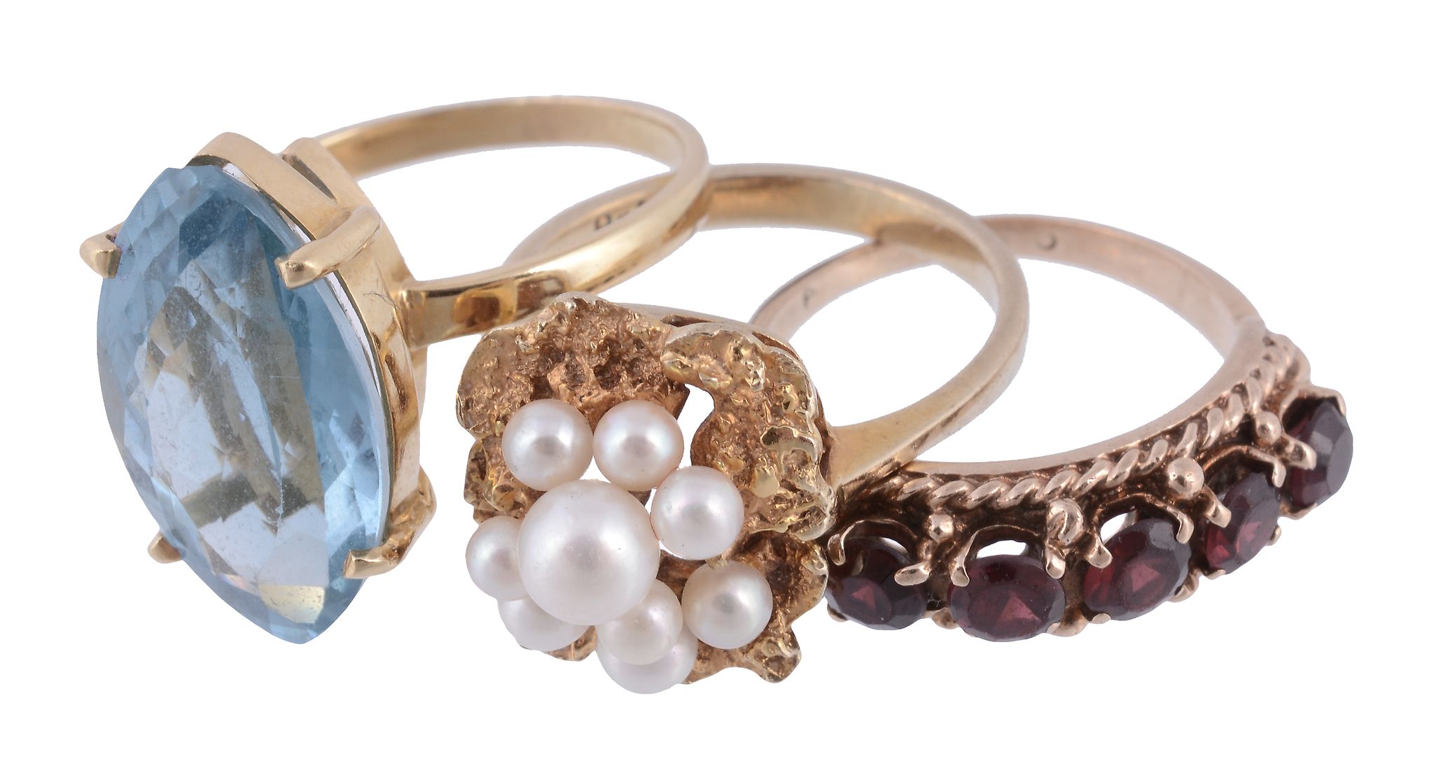 A cultured pearl dress ring,   the cluster of cultured pearls set on a textured surround, stamped