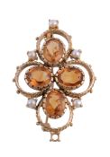 A 9 carat gold citrine and cultured pearl brooch,   the quatrefoil design set with oval shaped