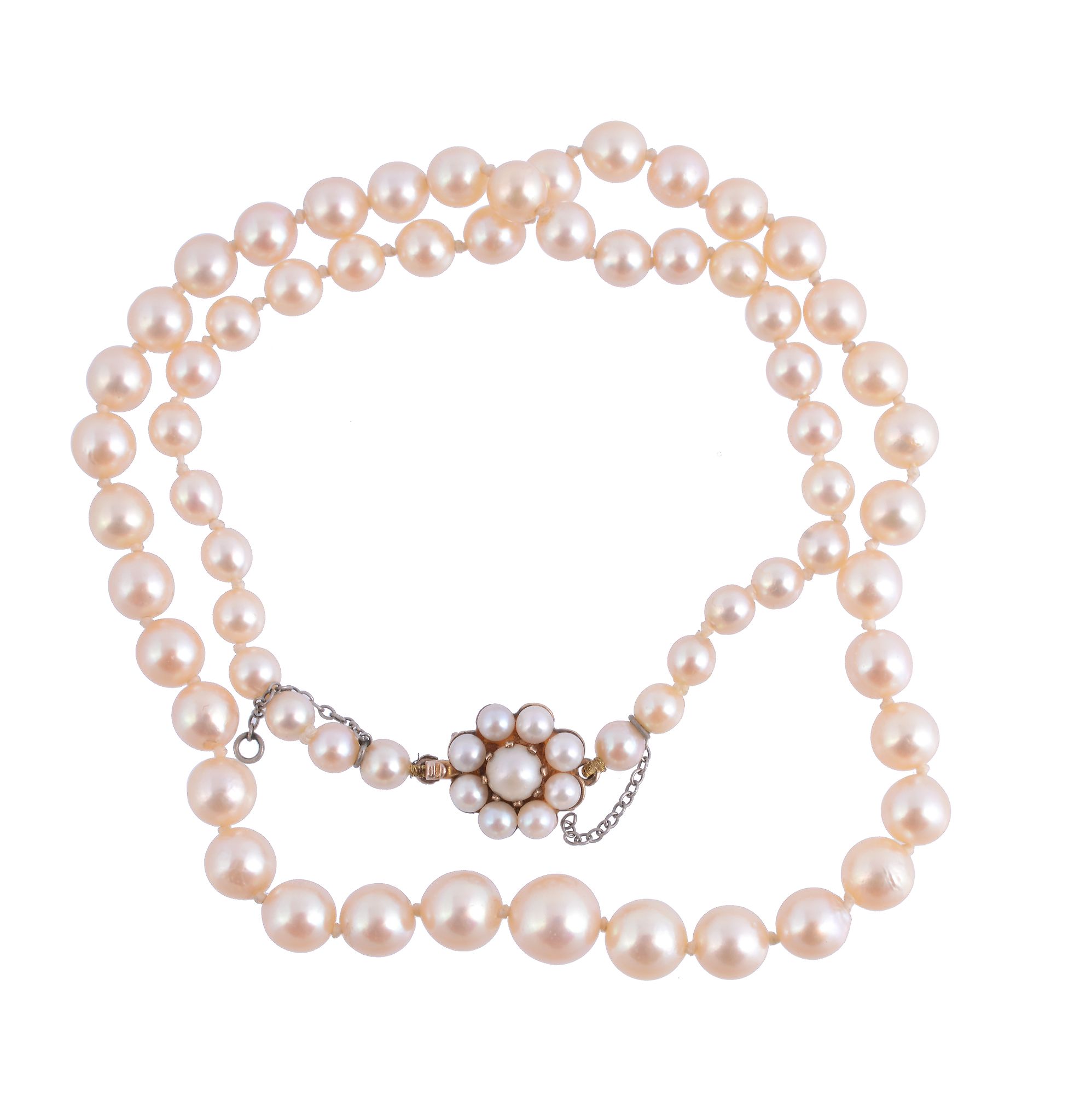 A cultured pearl necklace,   the graduated cultured pearls measuring 4mm to 8mm, with a 9 carat