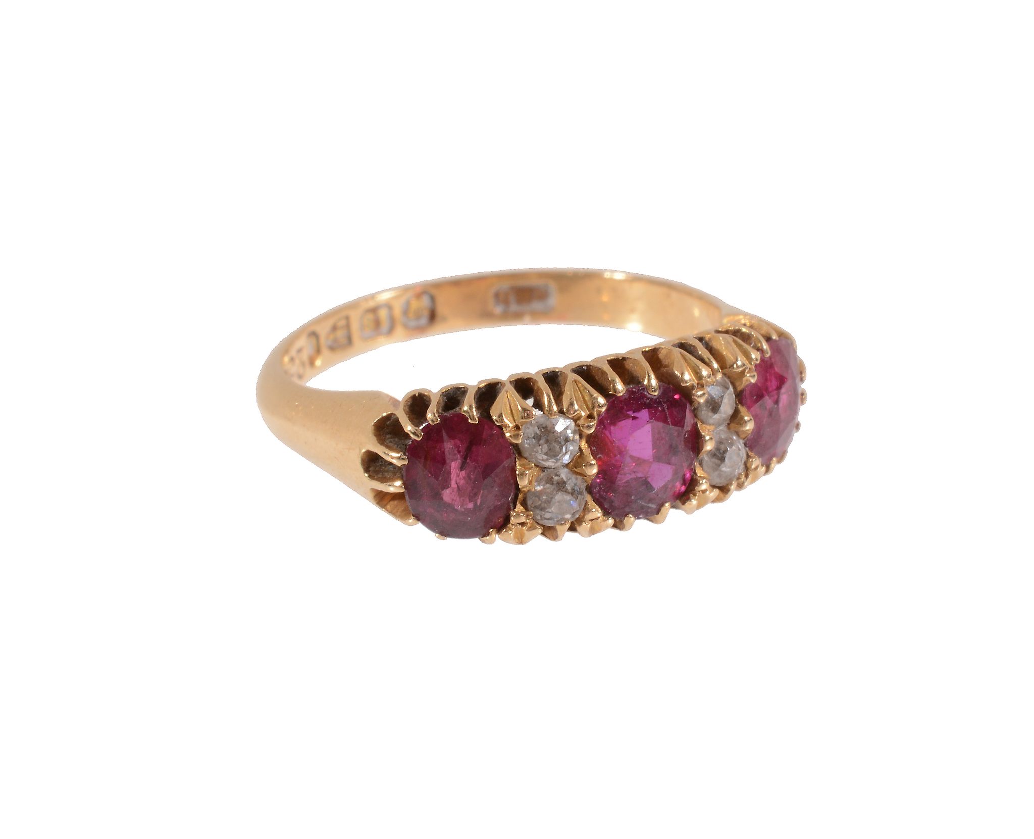 A 18ct gold ruby and diamond seven stone ring  , ring size L approx.