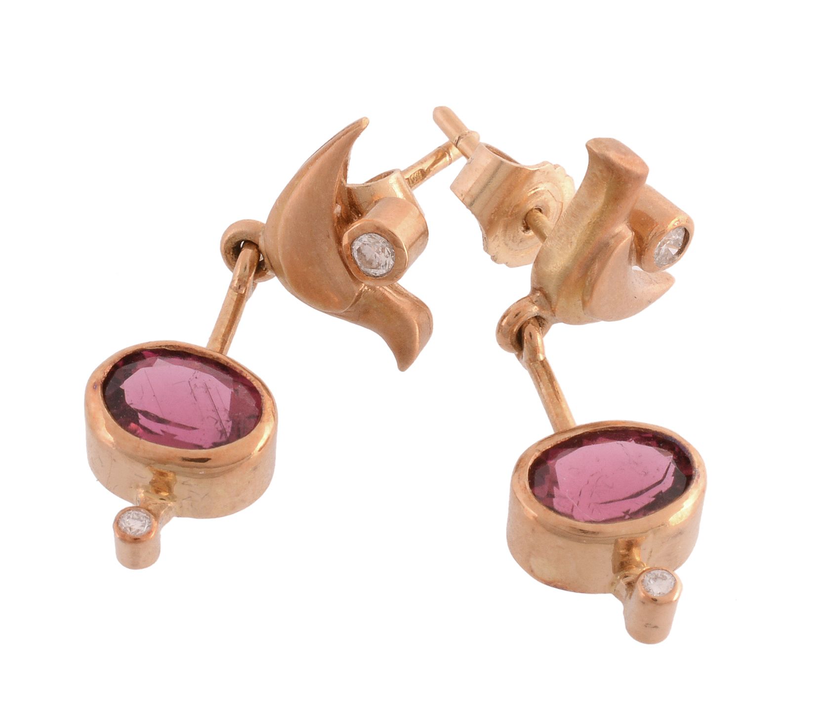 A pair of pink tourmaline and diamond earrings by Graham Stewart,   the oval shaped pink tourmaline