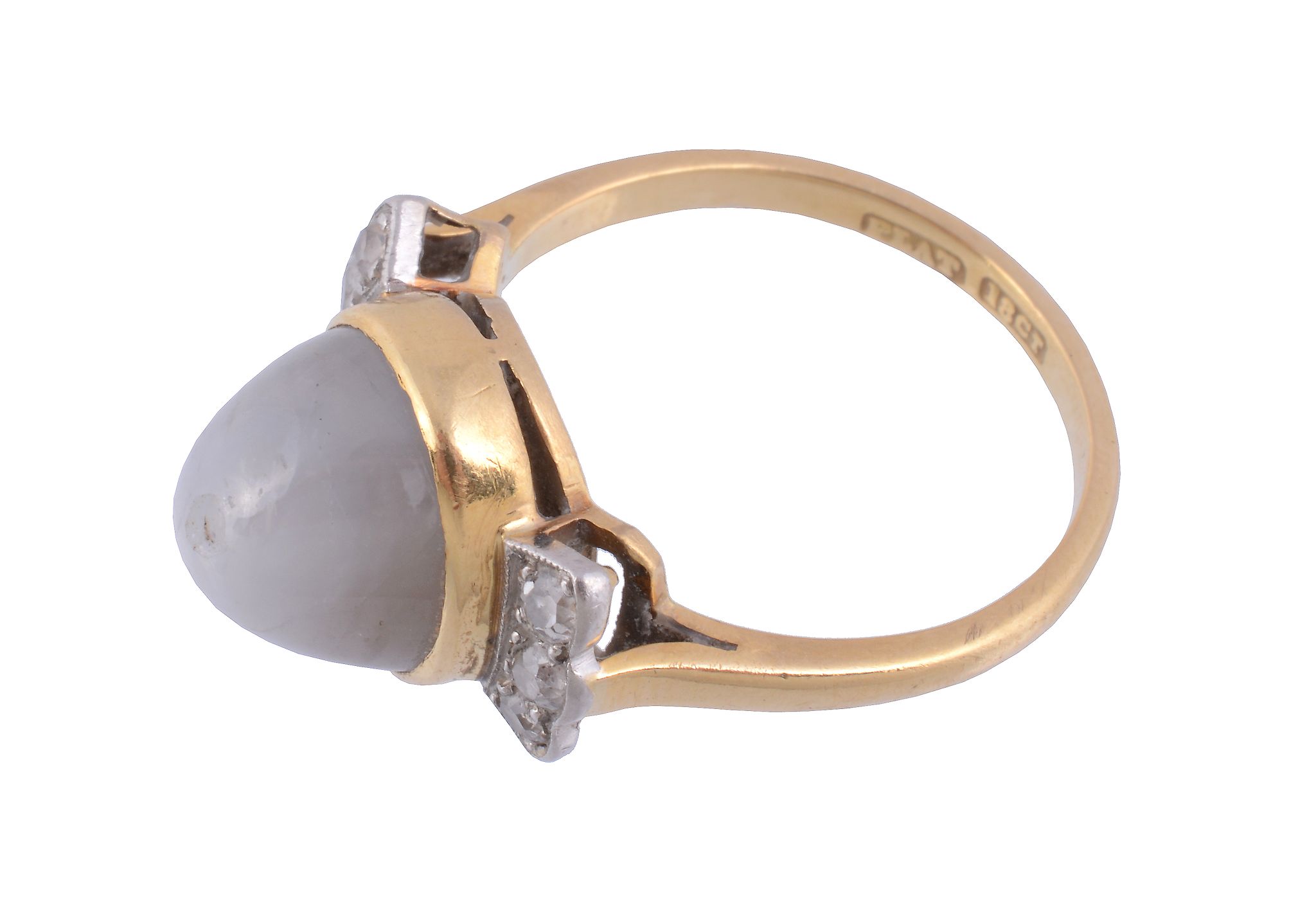 A star sapphire and diamond dress ring,   the sugarloaf cabochon star sapphire collet set between - Image 3 of 3