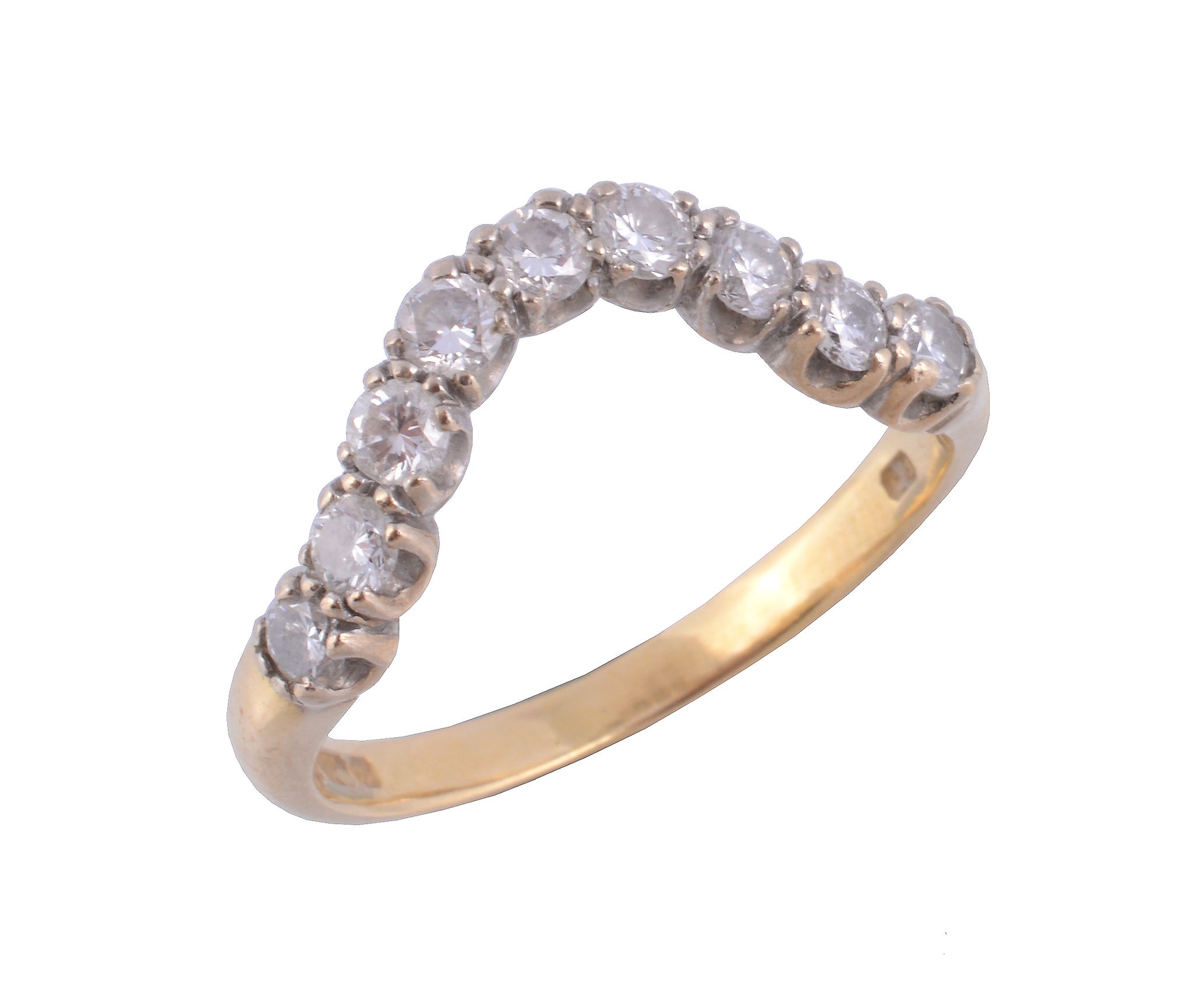 An 18 carat gold diamond wishbone ring,   set with nine brilliant cut diamonds, stamped 750 with