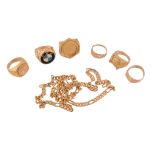 A small collection of gold coloured jewellery,   to include a sovereign set ring; a 22 carat gold