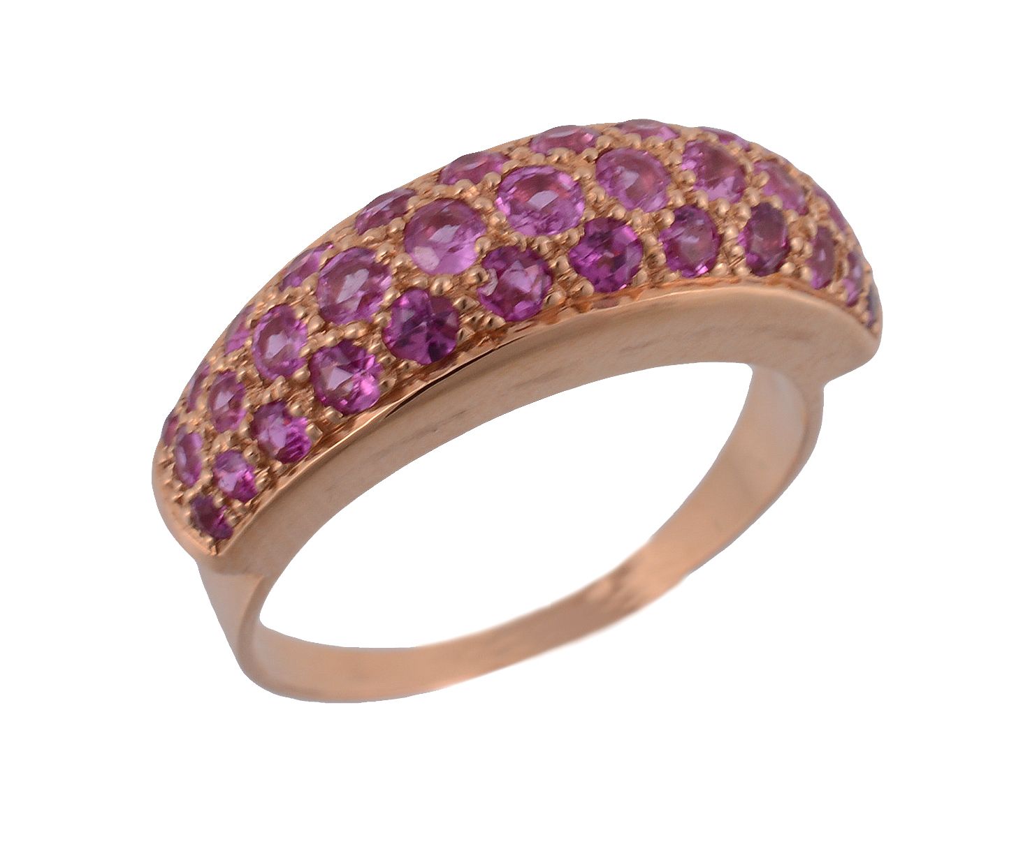 A pink sapphire bombe ring,   composed of three rows of graduated  pink sapphires in a pave