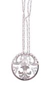 A diamond and cultured pearl pendant,   the circular openwork panel set with cultured pearls and
