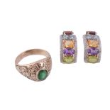 A pair of multi gem earrings  , the half hoops set with oval shaped semi precious stones, including