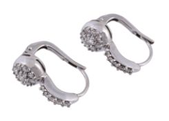 A pair of diamond earrings,   set with a cluster of brilliant cut diamonds, below a brilliant cut