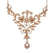 A seed pearl and diamond floral necklace,   circa 1910, the pierced front panel with scrolled
