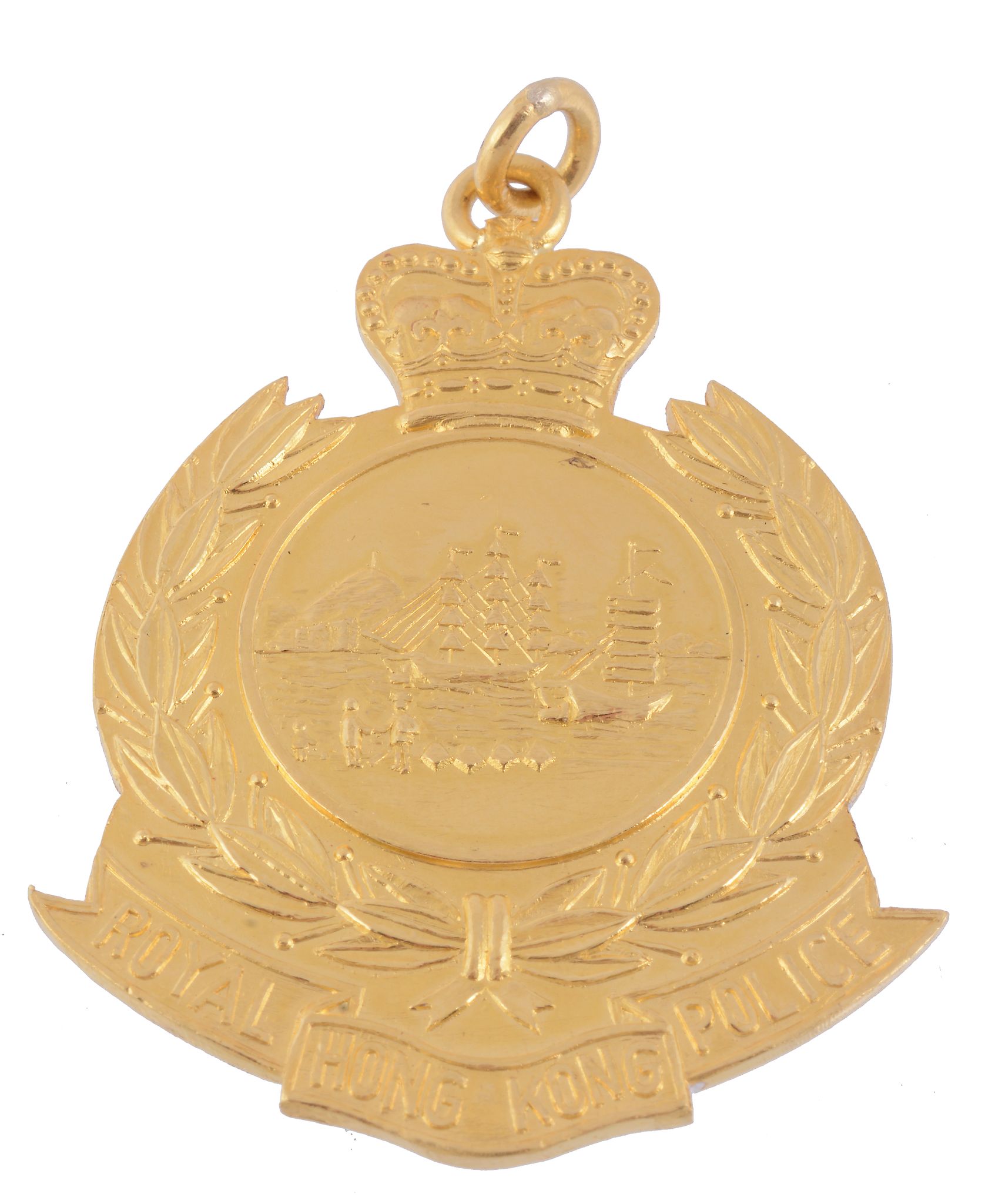 A Royal Hong Kong police Colonial era    medallion,   the centre depicting the Hong Kong waterfront