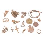 A collection of gold coloured items,   including: two tie clips stamped 14k; a brooch stamped 14k;