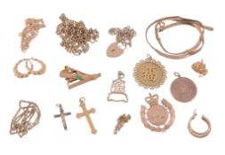 A collection of gold coloured items,   including: two tie clips stamped 14k; a brooch stamped 14k;