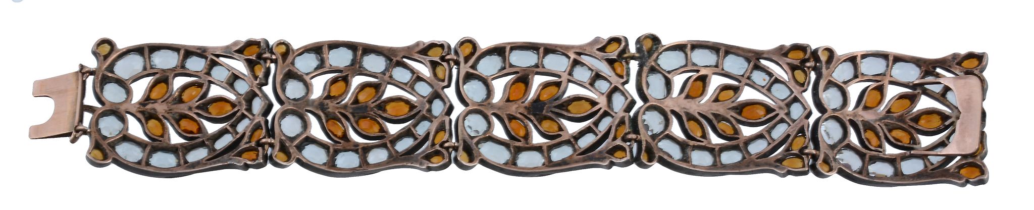 An aquamarine and spessartine garnet panel bracelet,   the pierced stylised foliate panels set with - Image 2 of 2