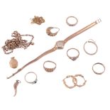 A collection of gold coloured jewellery  , to include a 9 carat gold three stone diamond and