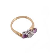 An 18 carat gold pink sapphire and diamond ring,   the brilliant cut diamond estimated to weigh 0.