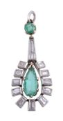 A diamond and emerald pendant,   the central pear shaped emerald within a surround of baguette cut