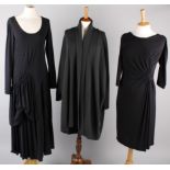 An Ischiko full length slate grey dress; together with an Indies black jersey dress, a grey wool