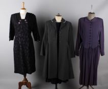 A 1940s silk velvet dark purple dress; with a 1940s crepe dark mauve dress, a late 1940s crepe