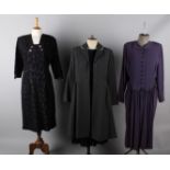 A 1940s silk velvet dark purple dress; with a 1940s crepe dark mauve dress, a late 1940s crepe