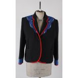 A late 1970s/early 1980s Kamikaze blazer style black wool jacket, the blue cuffs piped in red,
